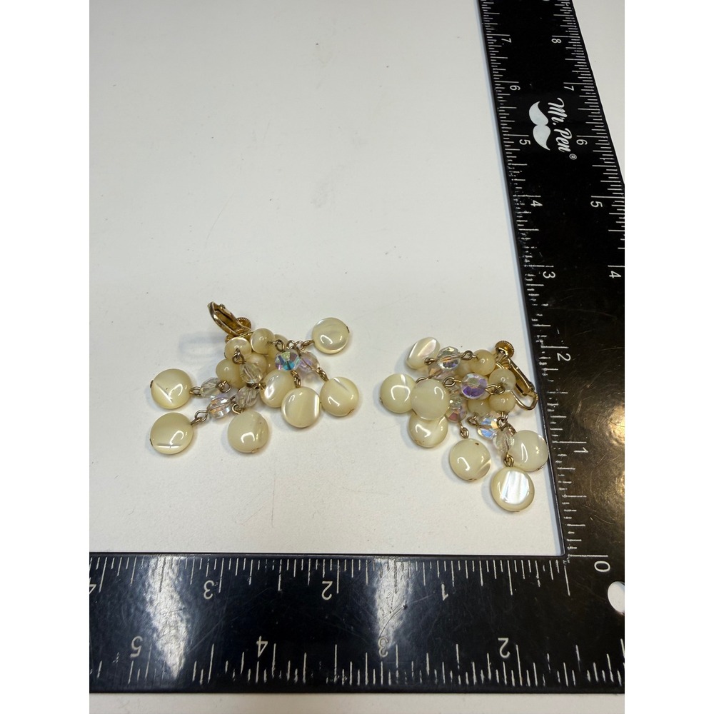 Vendome Moonglow Bead Aurora Borealis Crystal Cluster Clip On Earrings Gold Tone